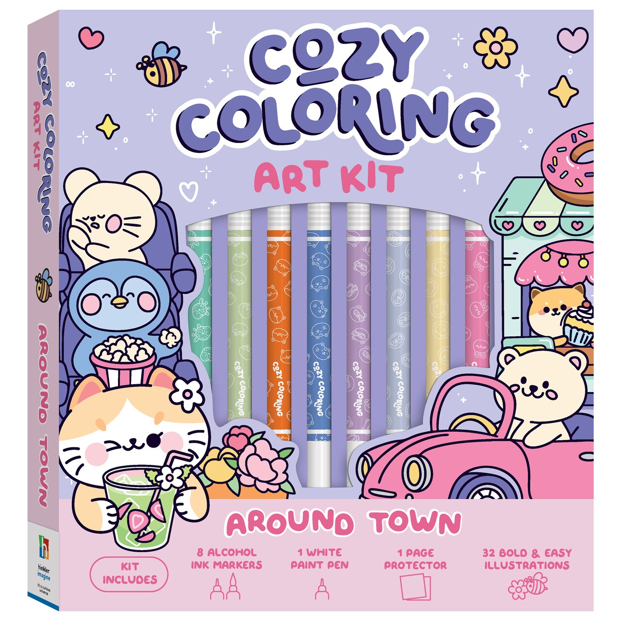 Art Maker: Cozy Coloring - Around Town Art Kit - 32pg Adult Coloring Book Set, City & Animal Scenes, Alcohol Ink Markers, White Paint Pen, Protector